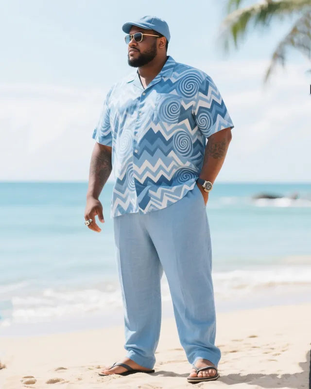 Big & Tall Men's Holiday Style Light Luxury Anti-Seaside Wave Printed Short Sleeve Shirt And Pants Suit sold by Biggmans