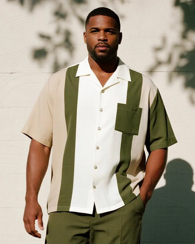 Big & Tall Men's Business Green Colorblock Striped Print Pocket Short Sleeve Shirt Pants Suit sold by Biggmans product image thumbnail 2