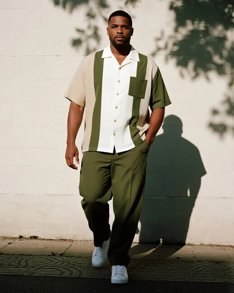 Big & Tall Men's Business Green Colorblock Striped Print Pocket Short Sleeve Shirt Pants Suit sold by Biggmans