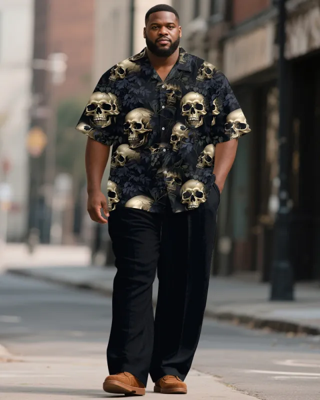 Big & Tall Men's Leaf Black Skull Print Short Sleeve Shirt Trousers Suit sold by Biggmans