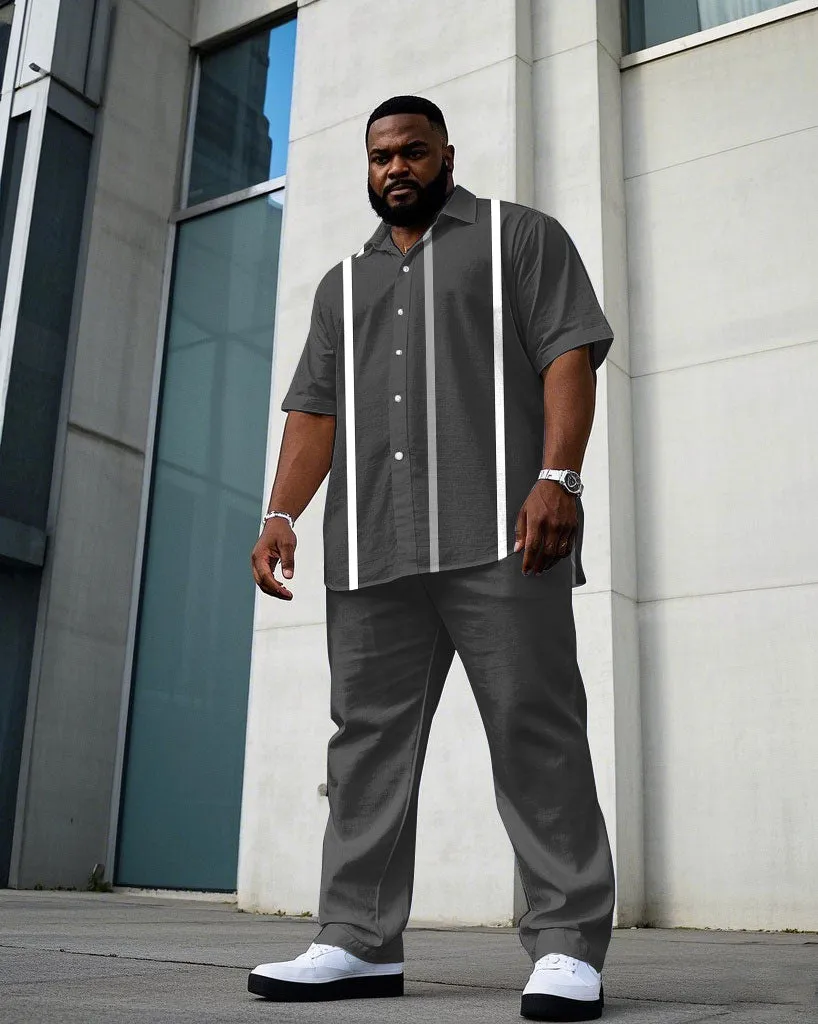 Men's Plus Size Business Casual Gray Striped Short Sleeve Shirt Trousers Suit sold by Biggmans