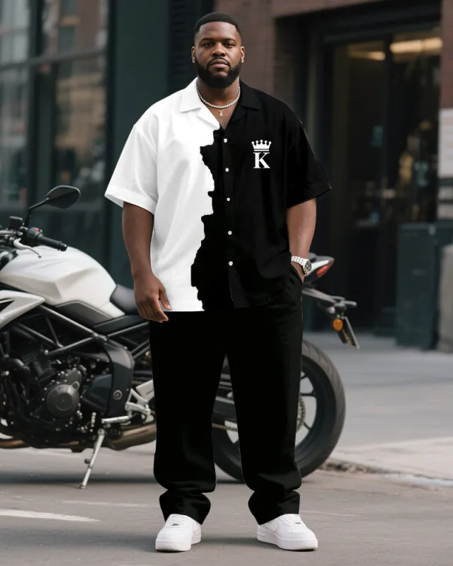 Men's Plus Size Business Black And White Color Block K Letter Printed Short Sleeve Shirt Trousers Suit sold by Biggmans