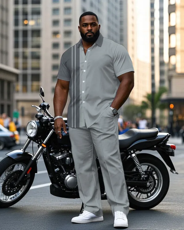 Men's Plus Size Gray Color Matching Line Fashion Short Sleeve Shirt Trousers Suit sold by Biggmans