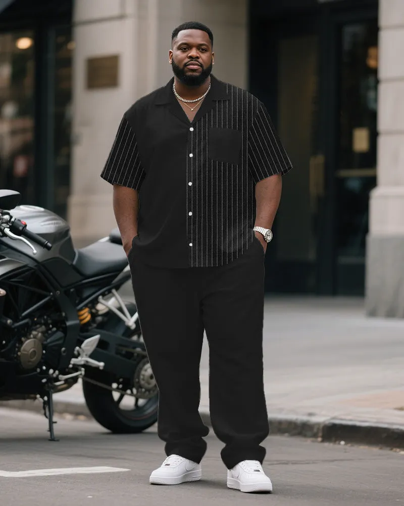 Men's Plus Size Simple Black Stripe Patchwork Printing Pocket Short Sleeve Shirt Trousers Suit sold by Biggmans