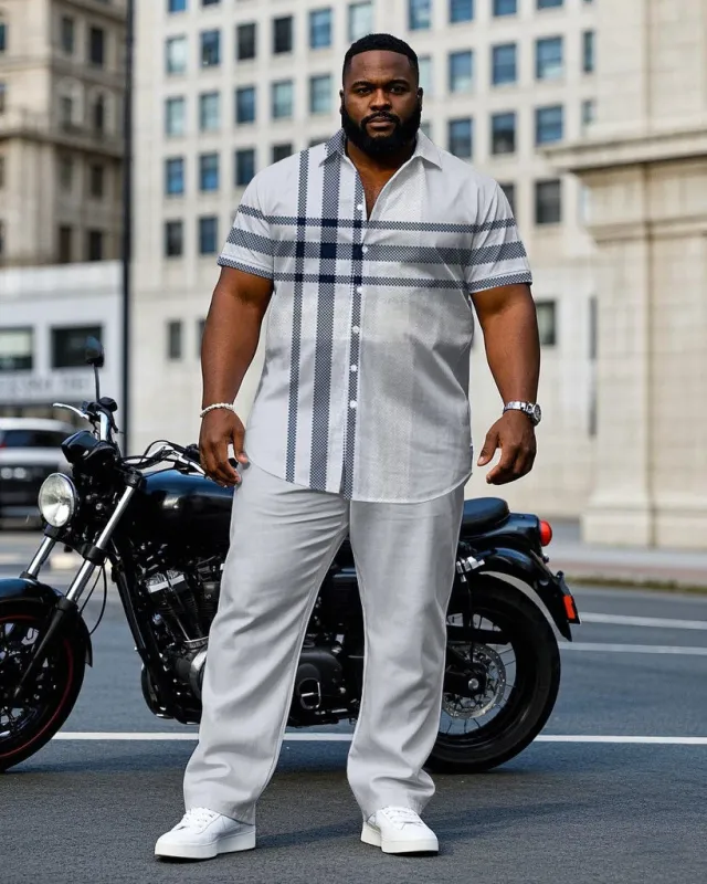 Men's Plus Size Large Plaid Light Gray Short Sleeve Shirt Trousers Men's Suit sold by Biggmans