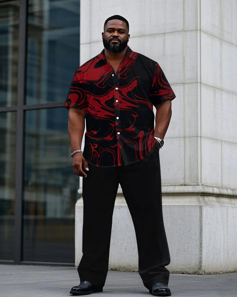 Men's Plus Size Black & Red Magma Print Daily Casual Short Sleeve Shirt Trousers Suit sold by Biggmans