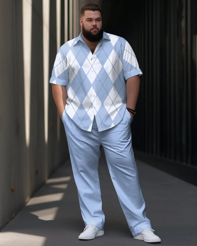 Men's Big and Tall Business Simple Classic Diamond Check Short Sleeve Shirt Trousers Set sold by Biggmans