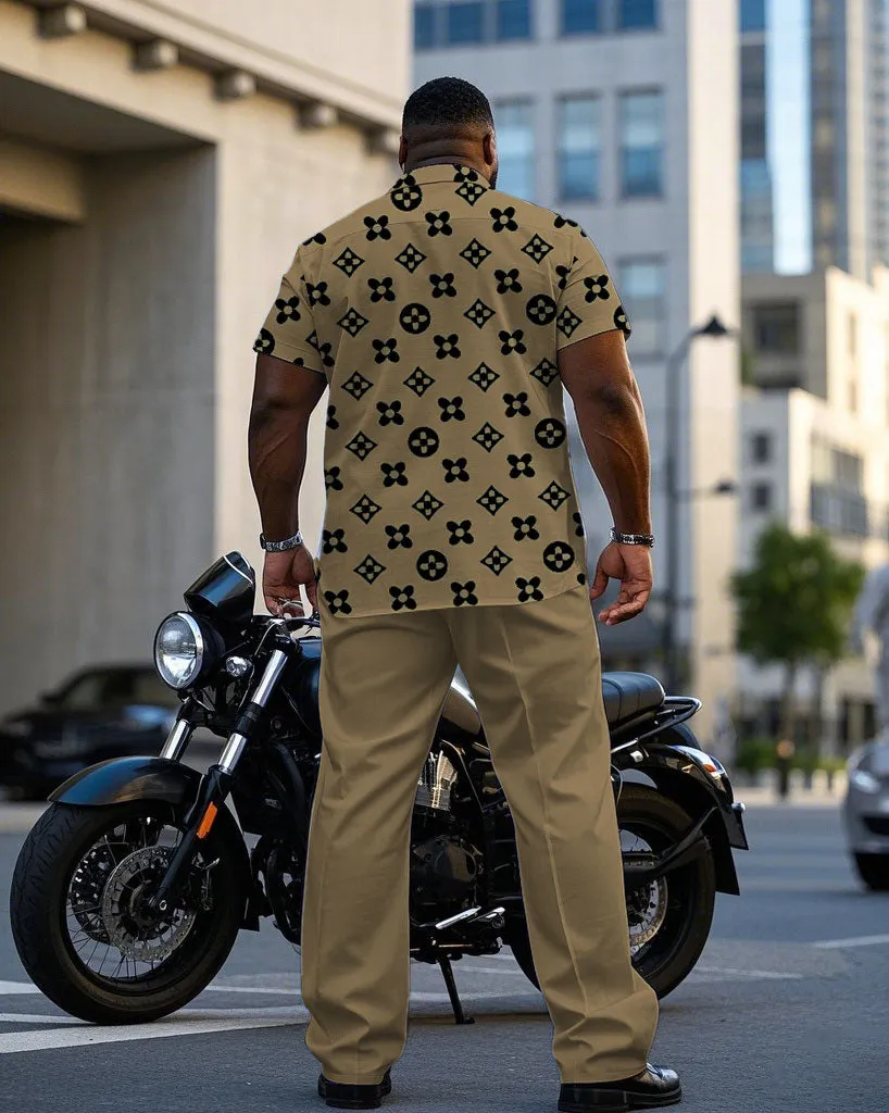 Men's Plus Size Khaki Big Brand Pattern Printed Short-sleeved Shirt Trousers Suit sold by Biggmans product image thumbnail 4