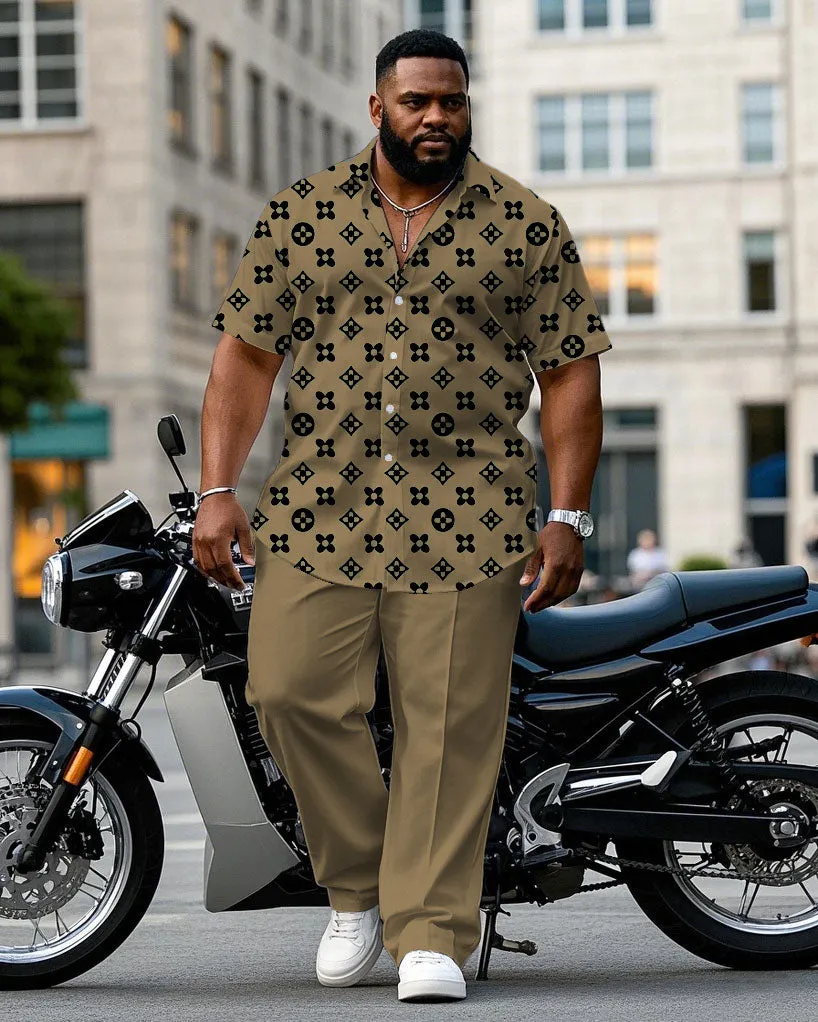 Men's Plus Size Khaki Big Brand Pattern Printed Short-sleeved Shirt Trousers Suit sold by Biggmans