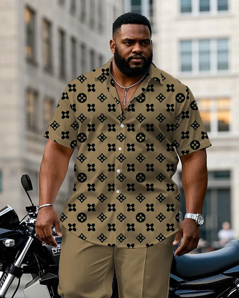 Men's Plus Size Khaki Big Brand Pattern Printed Short-sleeved Shirt Trousers Suit sold by Biggmans product image thumbnail 2