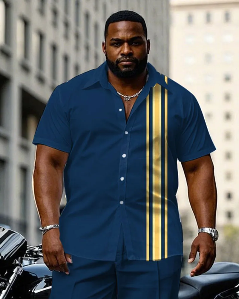 Men's Plus Size Fashion Blue & Yellow Simple Short Sleeve Shirt Pants Suit sold by Biggmans product image thumbnail 2