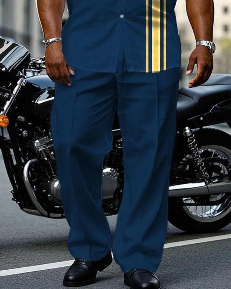 Men's Plus Size Fashion Blue & Yellow Simple Short Sleeve Shirt Pants Suit sold by Biggmans product image thumbnail 3
