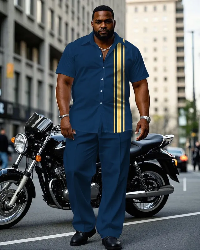 Men's Plus Size Fashion Blue & Yellow Simple Short Sleeve Shirt Pants Suit sold by Biggmans