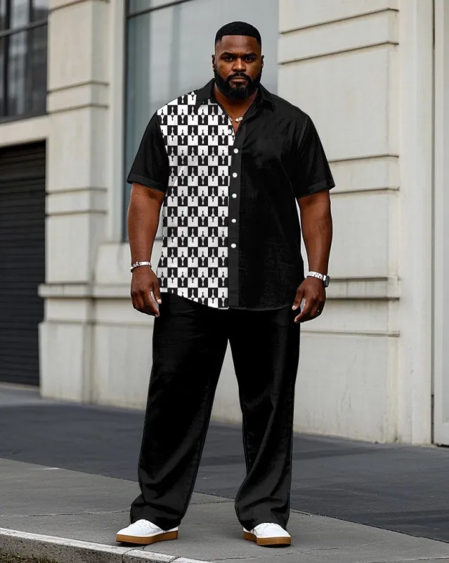 Men's Plus Size Business Simple Black & White Stitching Short Sleeve Shirt Trousers Suit sold by Biggmans