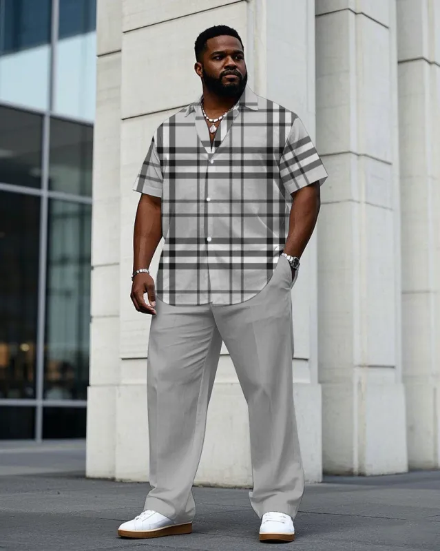 Men's Plus Size Gray Check Short Sleeve Shirt Trousers Suit sold by Biggmans