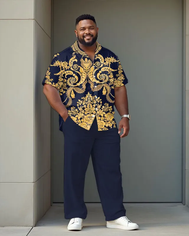 Vintage Dark Royal Blue Court Pattern Shirt Trousers Suit Men's Plus Size sold by Biggmans