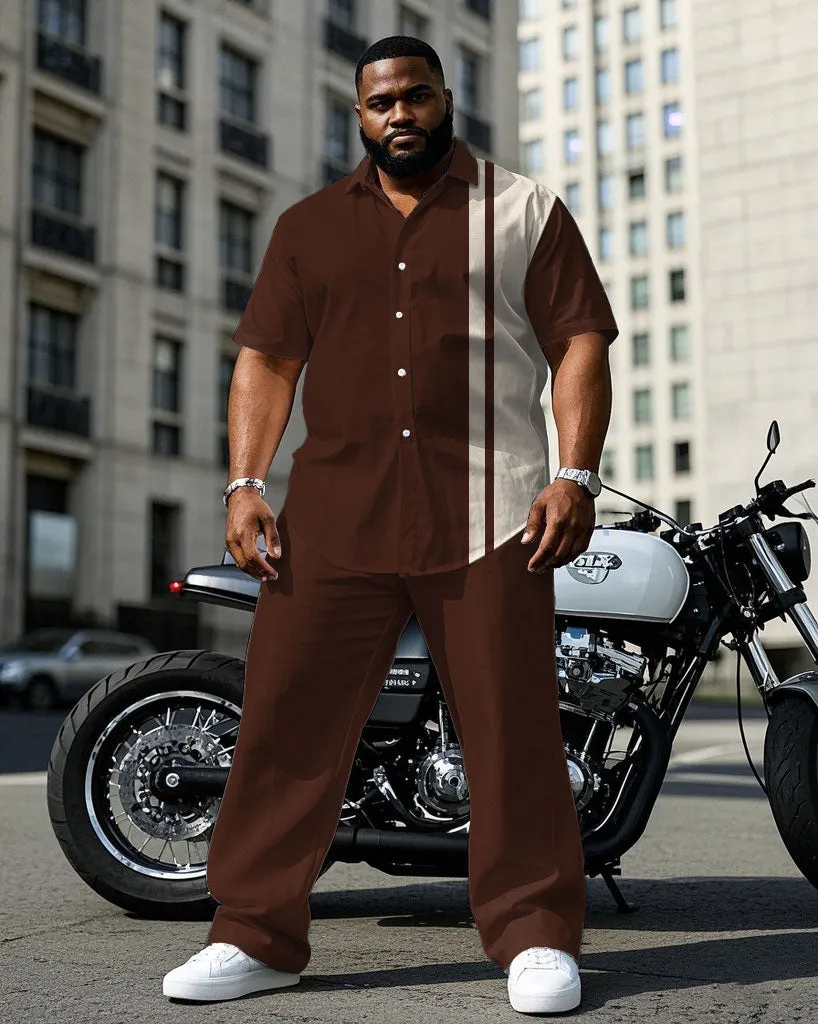 Men's Plus Size Red Brown & Apricot Colorblock Short Sleeve Shirt Pants Suit sold by Biggmans