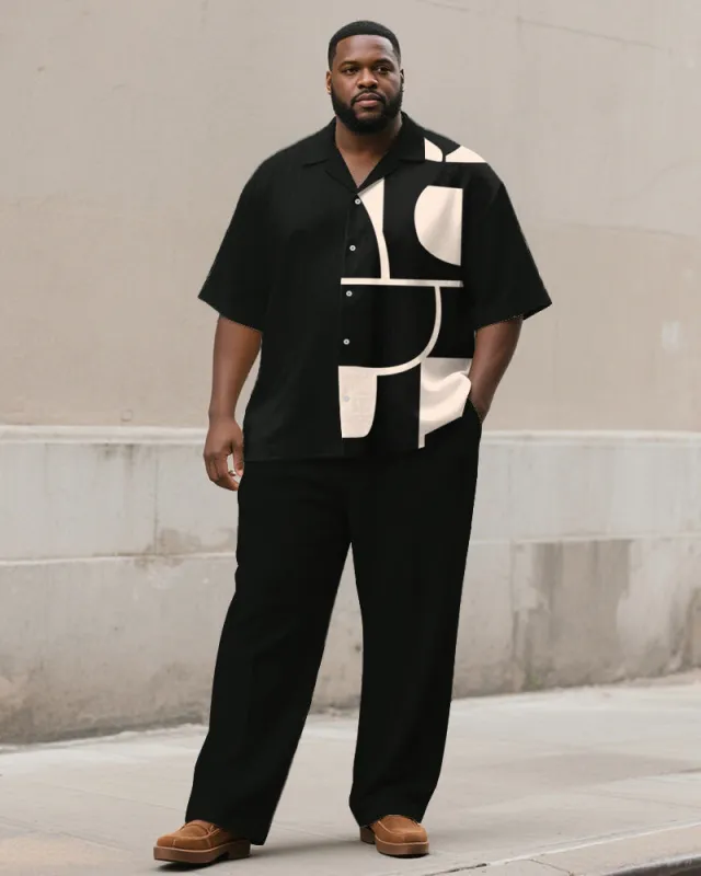Men's Plus Size Simple Black Khakis Geometric Print Short-sleeved Shirt Trousers Suit sold by Biggmans