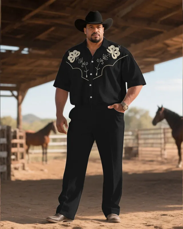 Western Denim-Men's Plus Size Simple Black Short Sleeve Shirt Pants Suit sold by Biggmans