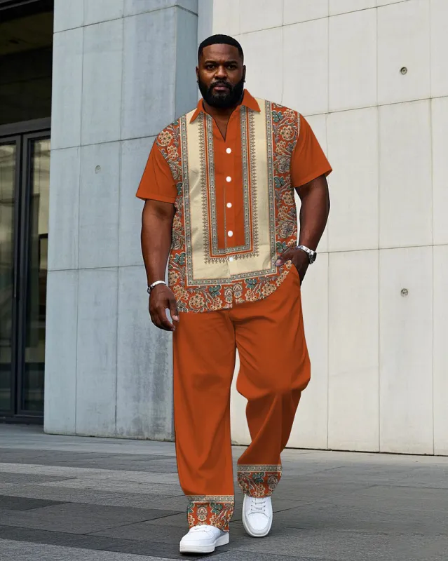 Men's Plus Size Baroque Pattern Symmetrical Short Sleeve Shirt Trousers Suit sold by Biggmans
