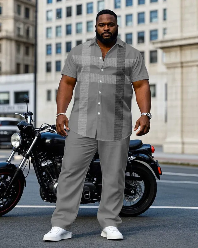 Men's Plus Size Gentleman Style Gray Jacquard Large Check Short Sleeve Shirt Trousers Suit sold by Biggmans