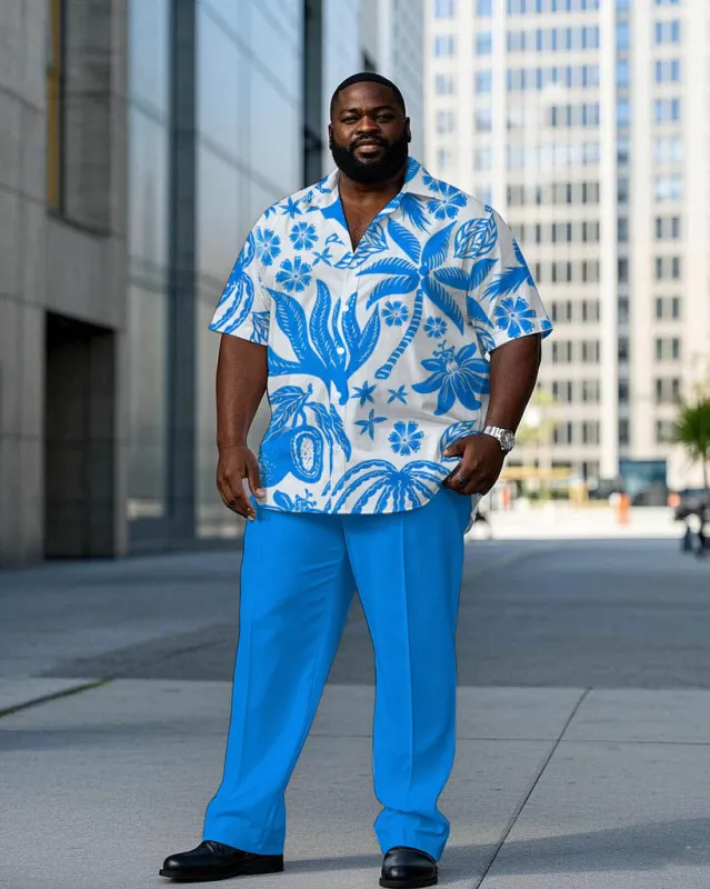 Hawaiian Blue Plant World Pattern Short Sleeve Shirt Trousers Set Big & Tall Men sold by Biggmans