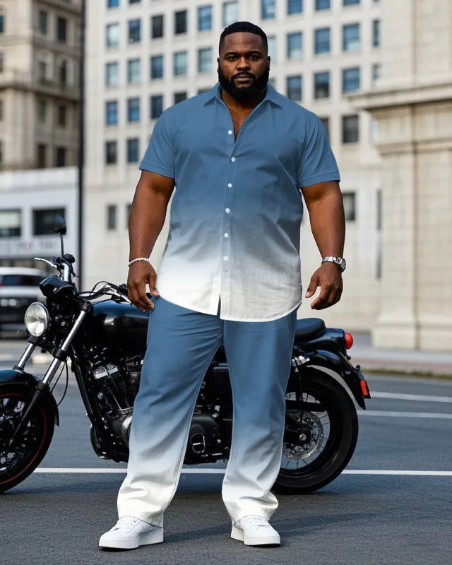 Men's Plus Size Fashion Fog Blue & White Gradient Short Sleeve Shirt Pants Suit made by Biggmans
