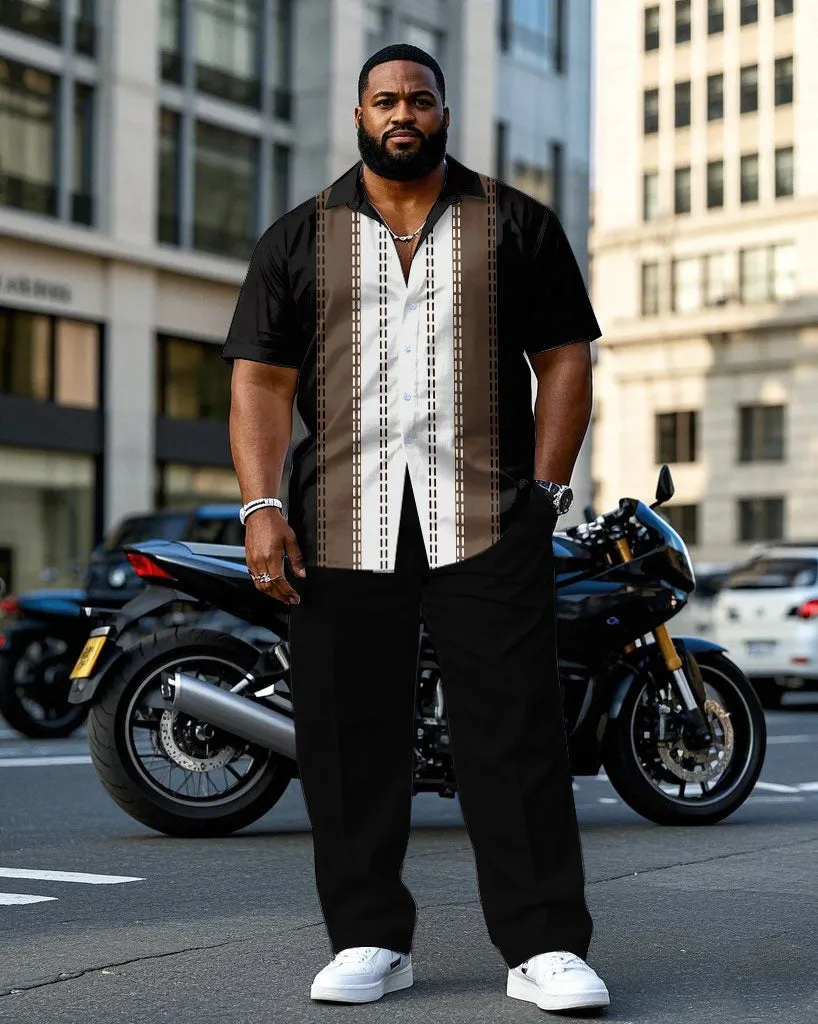 Men's Plus Size Black & Brown & White Stitching Top Line Sewing Short Sleeve Shirt Trousers Suit sold by Biggmans