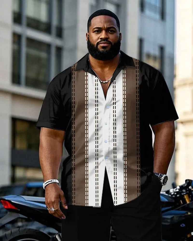 Men's Plus Size Black & Brown & White Stitching Top Line Sewing Short Sleeve Shirt Trousers Suit sold by Biggmans product image thumbnail 2