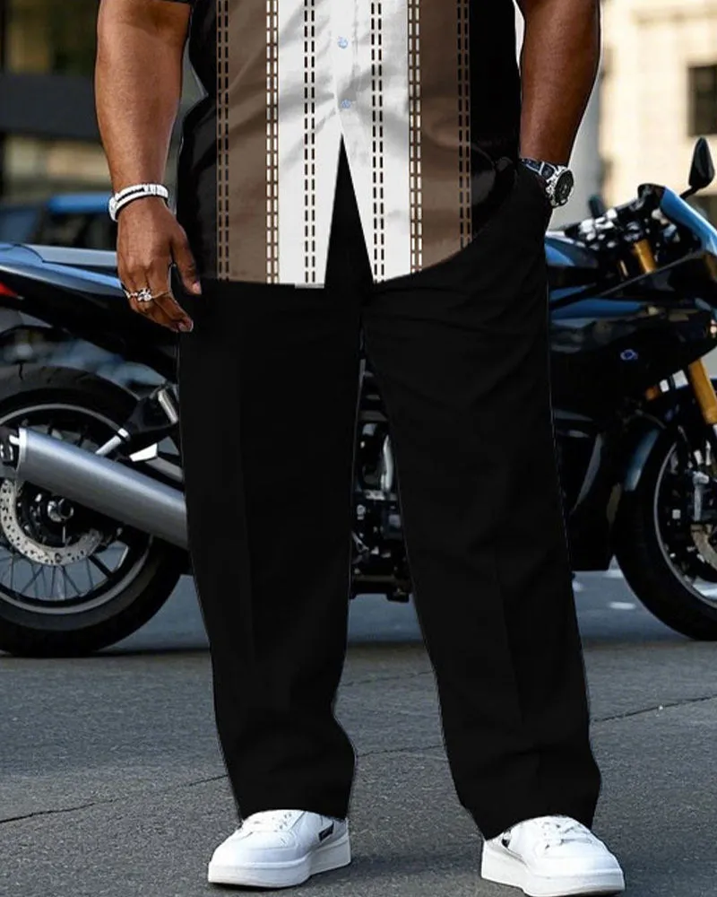 Men's Plus Size Black & Brown & White Stitching Top Line Sewing Short Sleeve Shirt Trousers Suit sold by Biggmans product image thumbnail 3