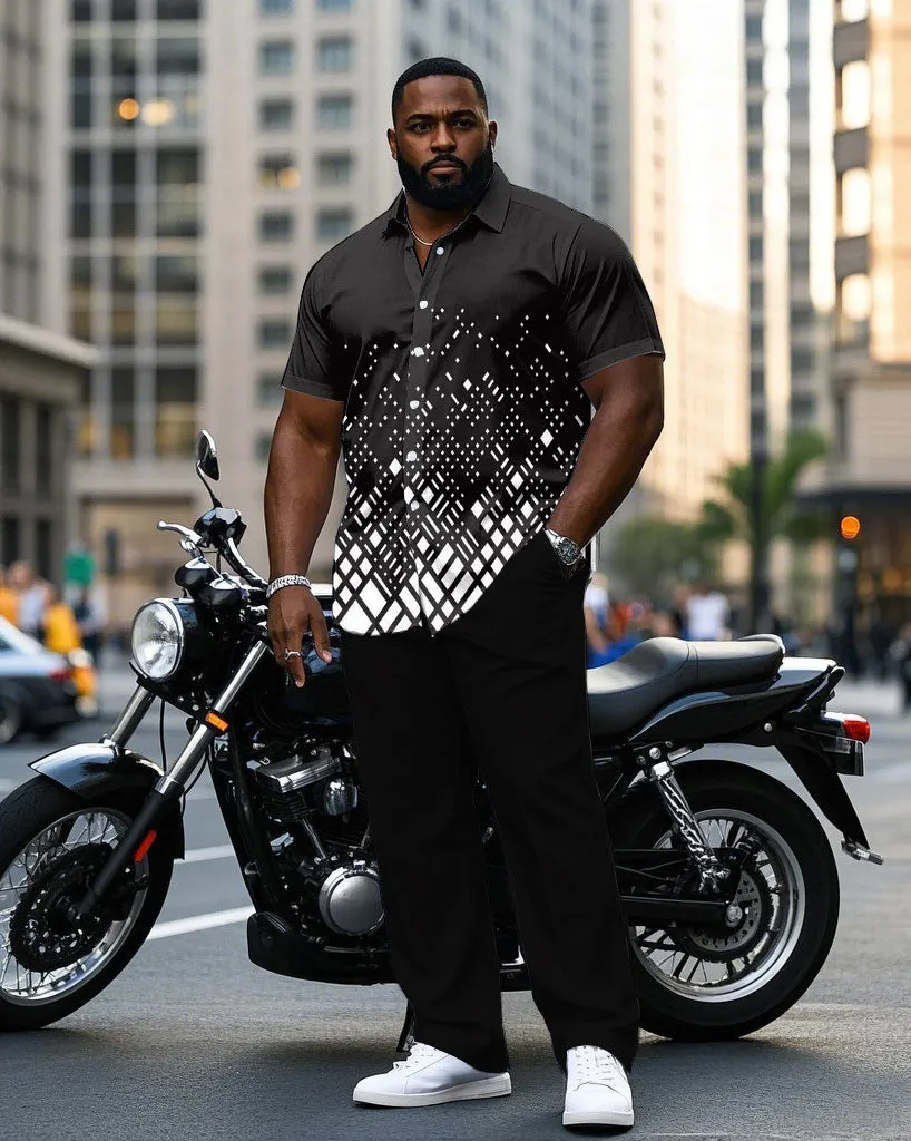 Men's Plus Size Business Gradient Geometric Print Short Sleeve Shirt Trousers Suit sold by Biggmans