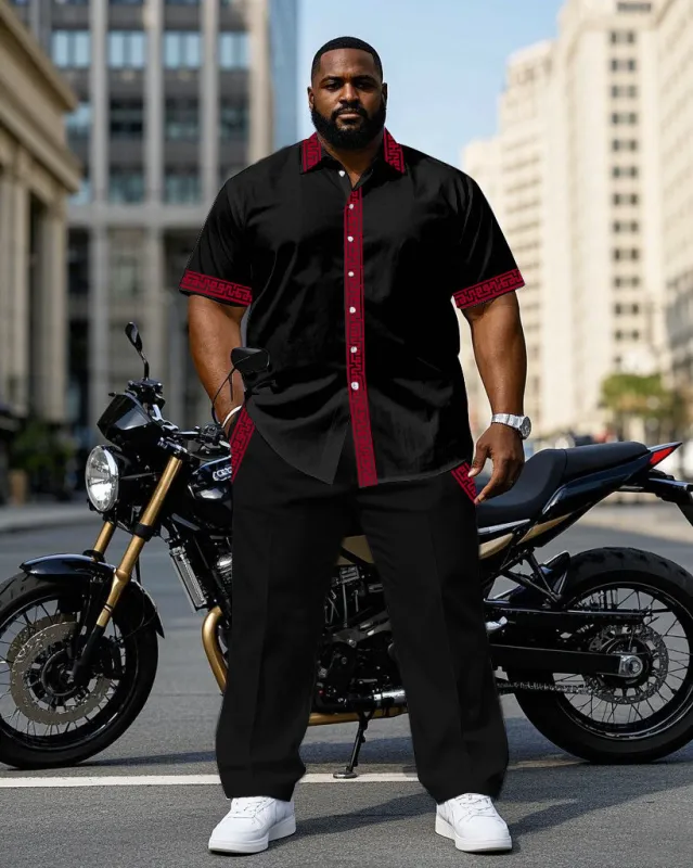 Men's Plus Size Black Characteristic Placket Cuff Pants Pocket Stitching Red Riding Short Sleeve Shirt Trousers Suit sold by Biggmans