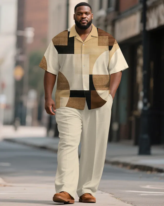 Men's Plus Size Simple Khaki Brown Color Block Print Short Sleeve Shirt Trousers Suit sold by Biggmans