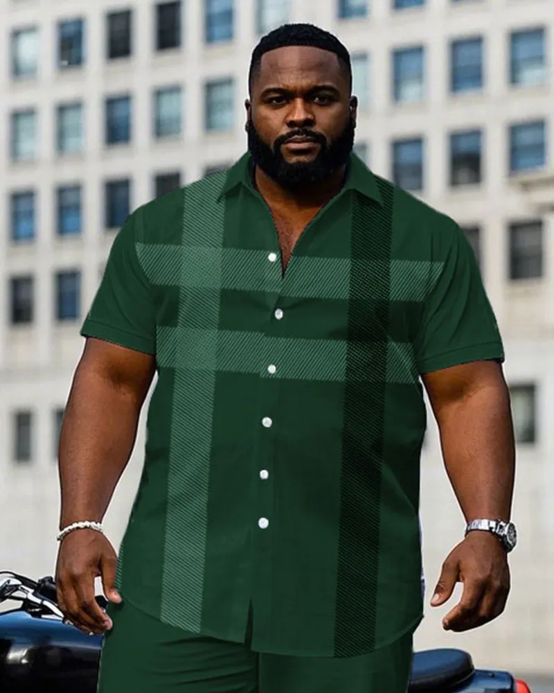 Men's Plus Size Gentleman Style Green Large Plaid Short Sleeve Shirt Pants Suit sold by Biggmans product image thumbnail 2