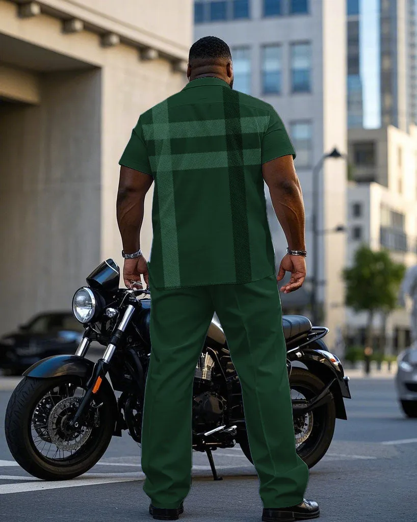 Men's Plus Size Gentleman Style Green Large Plaid Short Sleeve Shirt Pants Suit sold by Biggmans product image thumbnail 4