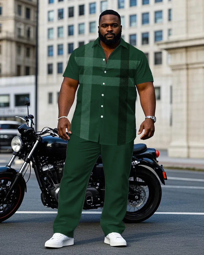 Men's Plus Size Gentleman Style Green Large Plaid Short Sleeve Shirt Pants Suit sold by Biggmans
