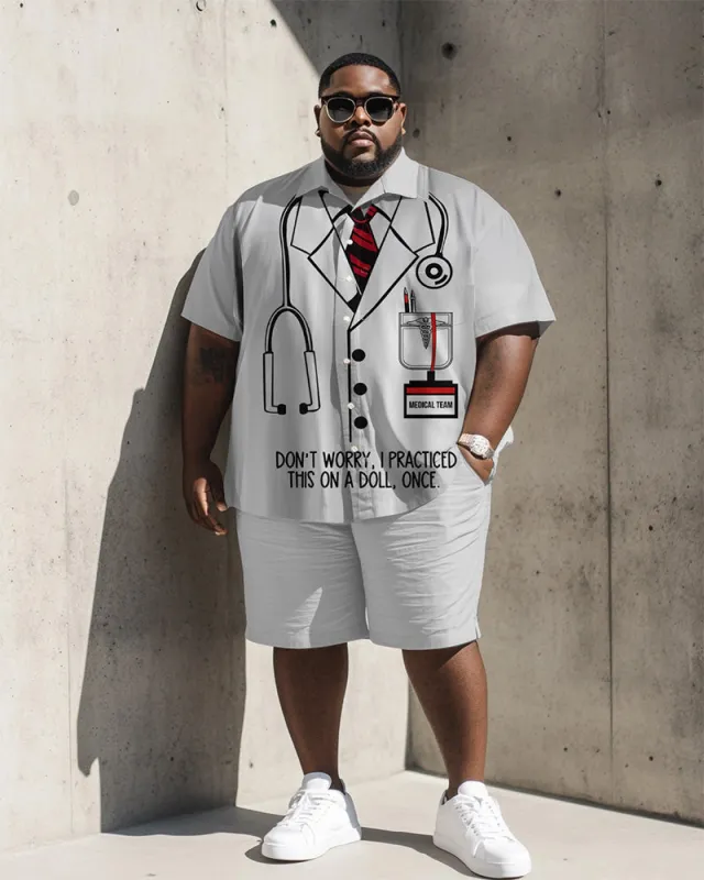 Men's Plus Size Street Fashion White Cartoon Doctor Cosplay Printed Shirt Shorts Suit sold by Biggmans