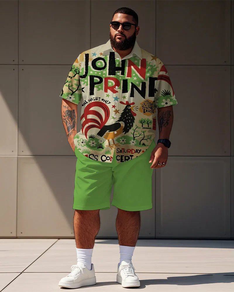 Men's Plus Size Street Fashion Green Cartoon Fun Chick Alphabet Print Shirt Shorts Suit sold by Biggmans