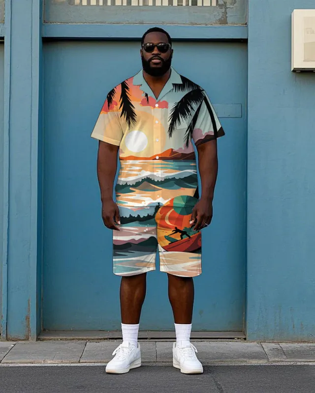 Big Men's Romantic Hawaiian Seaside Scenery Printed Cuban Collar Short Sleeve Shirt Shorts Set made by Biggmans