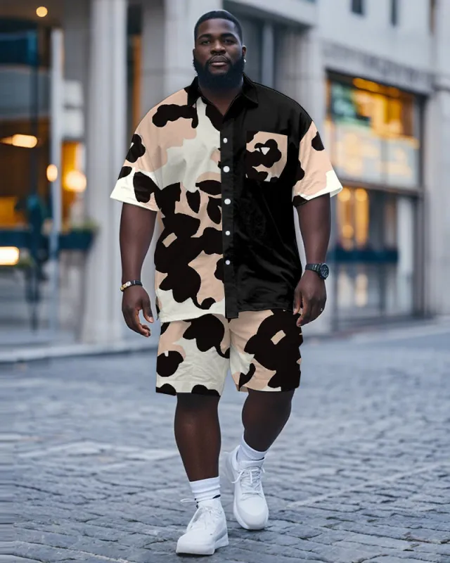 Men's Plus Size Street Fashion Black Pink Colorblock Abstract Floral Print Shirt Shorts Suit sold by Biggmans
