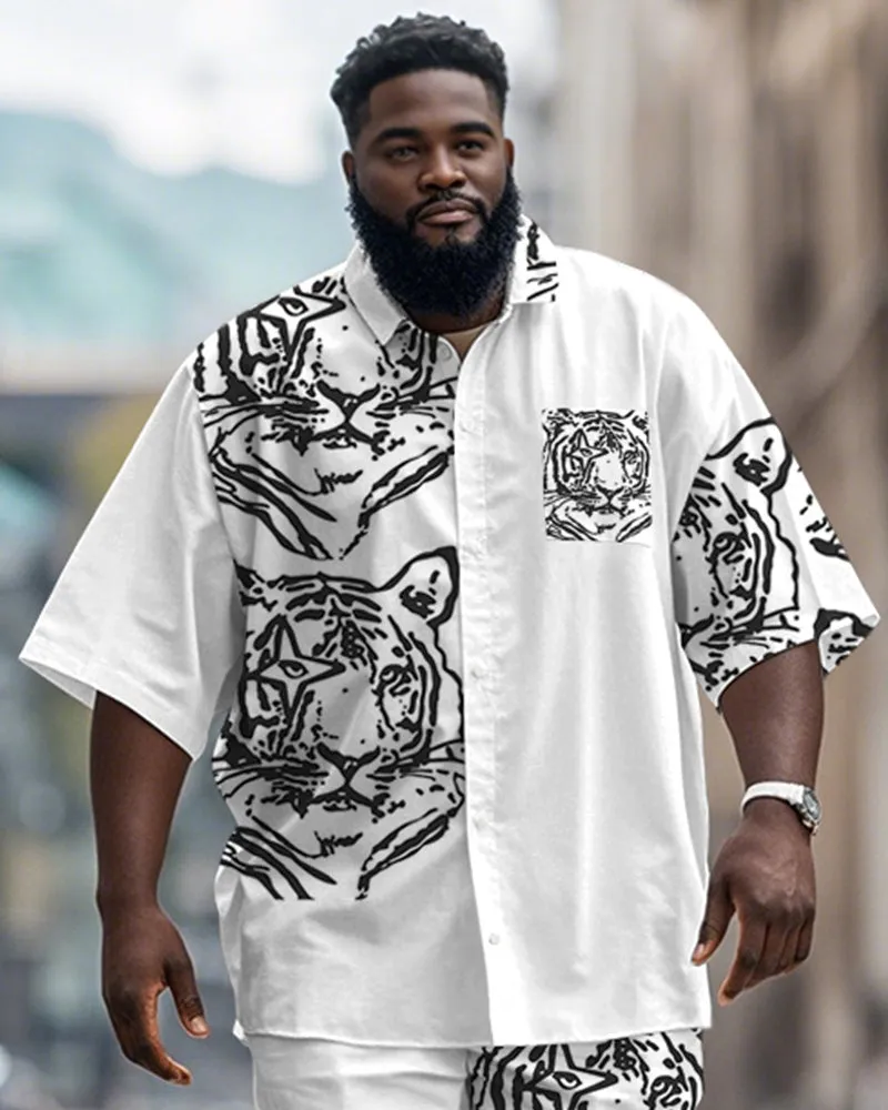 Men's Plus Size Street Fashion White Graffiti Tiger Print Shirt Shorts Suit sold by Biggmans product image thumbnail 2