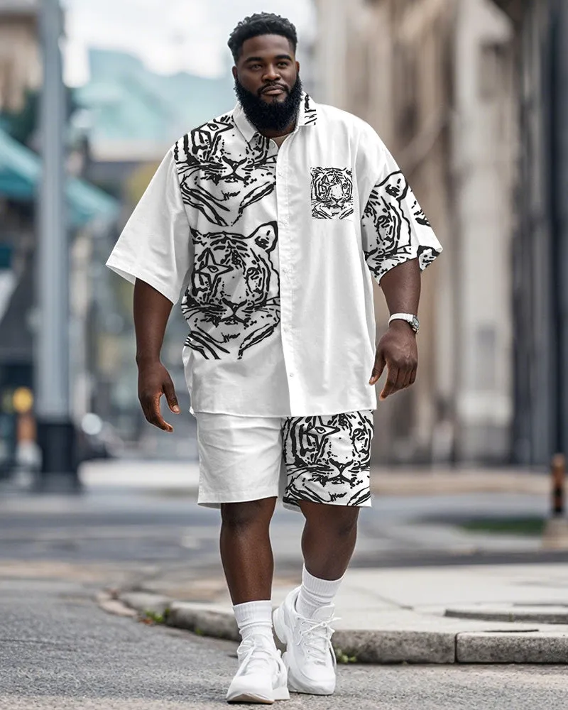 Men's Plus Size Street Fashion White Graffiti Tiger Print Shirt Shorts Suit sold by Biggmans