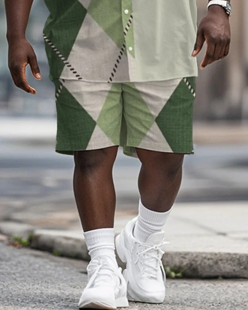 Men's Plus Size Street Fashion Green Patchwork Diamond Print Shirt Shorts Suit sold by Biggmans product image thumbnail 3