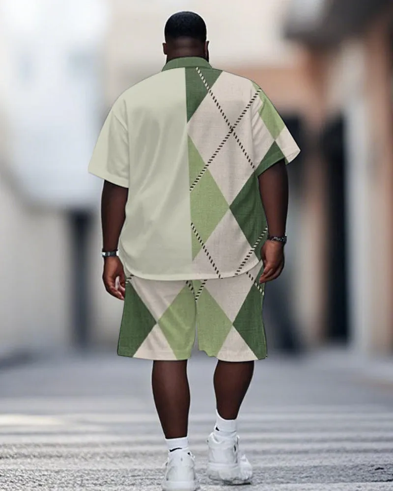 Men's Plus Size Street Fashion Green Patchwork Diamond Print Shirt Shorts Suit sold by Biggmans product image thumbnail 4