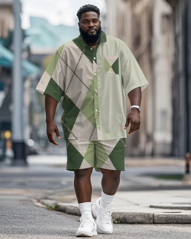Men's Plus Size Street Fashion Green Patchwork Diamond Print Shirt Shorts Suit sold by Biggmans