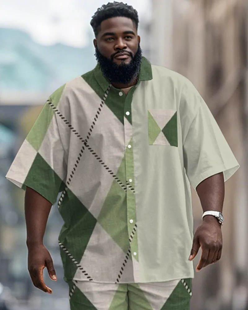 Men's Plus Size Street Fashion Green Patchwork Diamond Print Shirt Shorts Suit sold by Biggmans product image thumbnail 2