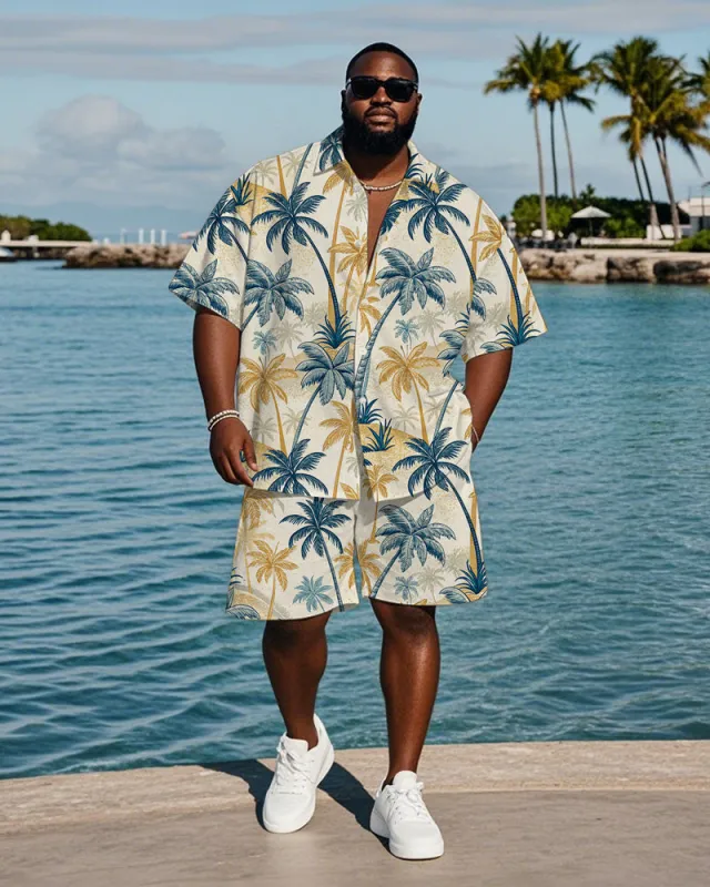 Men's Plus Size Hawaiian Hand Painted Yellow Blue Coconut Tree Print Shirt Shorts Suit sold by Biggmans