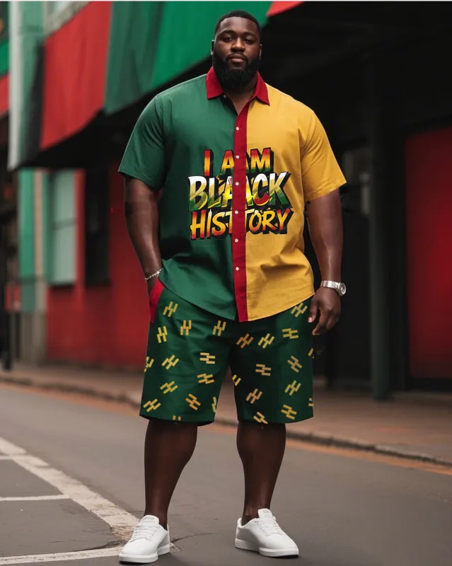 Men's Plus Size Yellow Green Stitching Shirt Chain Shorts Printed Shirt Suit sold by Biggmans