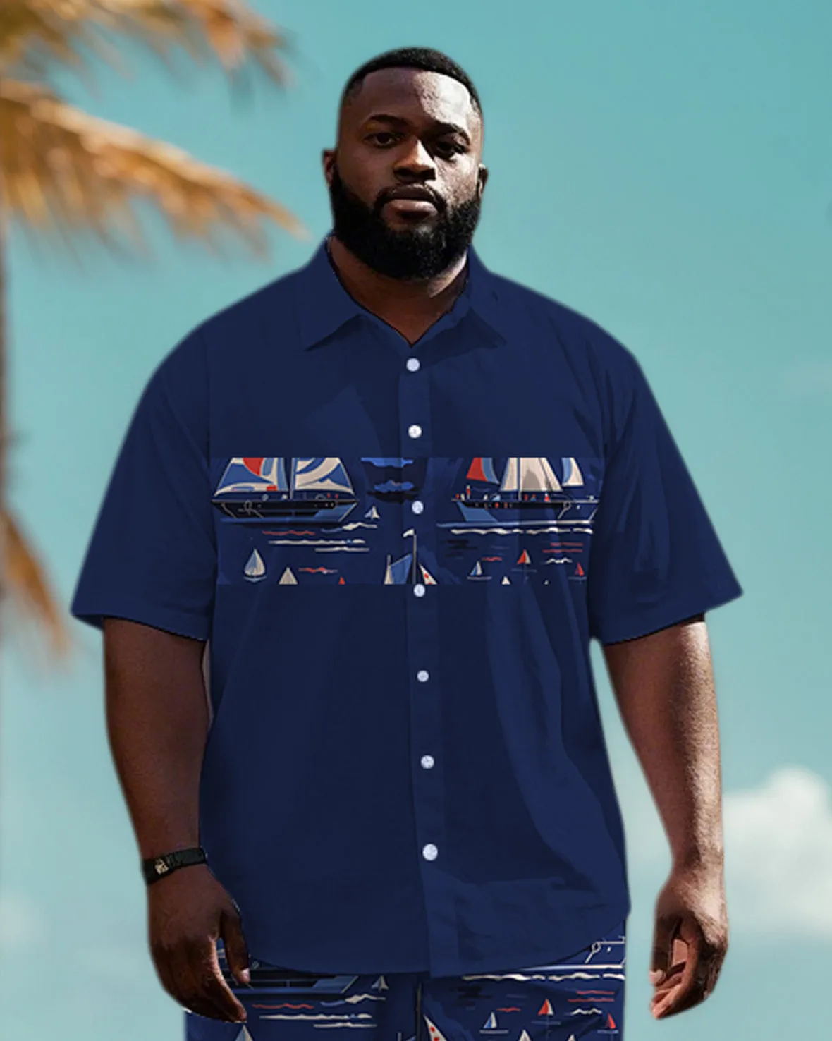 Big Men's Color Block Funny Sailboat Pattern Printed Short Sleeve Shirt Shorts Set sold by Biggmans product image thumbnail 2