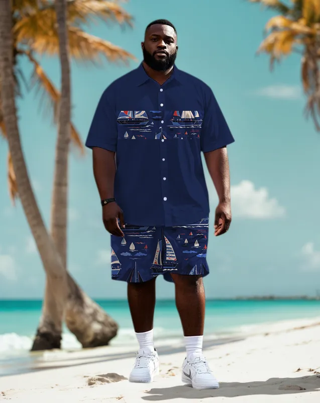 Big Men's Color Block Funny Sailboat Pattern Printed Short Sleeve Shirt Shorts Set sold by Biggmans